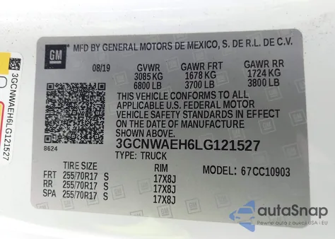 2020 Chevrolet Silverado 1500 2Wd Long Bed Wt из США, поврежденный, VIN 3GCNWAEH6LG121527